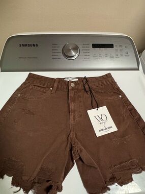 WO Mica Denim Brown Distressed High-Waist Shorts